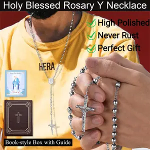 FaithHeart Holy Rosary Y Necklace Prayer Pendant for Women Men, Divine Protection Gift for Her Him Christmas Gift, Bible Box