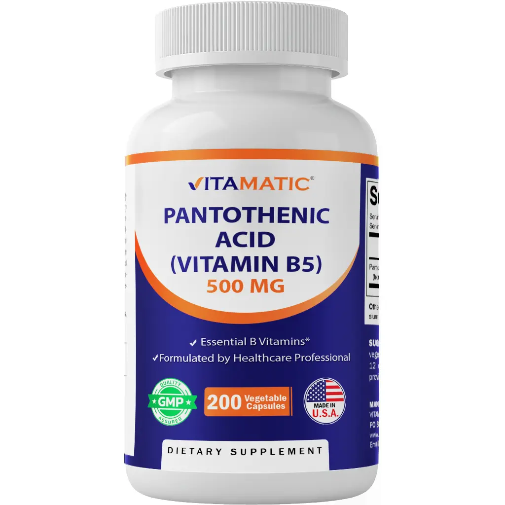 Vitamatic Pantothenic Acid (Vitamin B5) Dietary Supplement, 500 mg, 200 Capsules - Gluten Free for Metabolism & Nervous System Support, Daily Nutrition Supplement, Capsules Vitamins Supplements