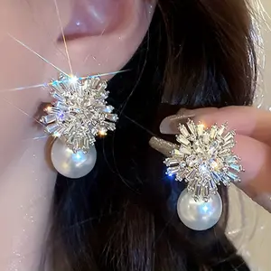 High-Grade Snowflake Zircon Elegant Pearl 925 Silver Needle Earrings - Super Shiny, DDES0081 Temperament, Light Luxury Drop Earrings