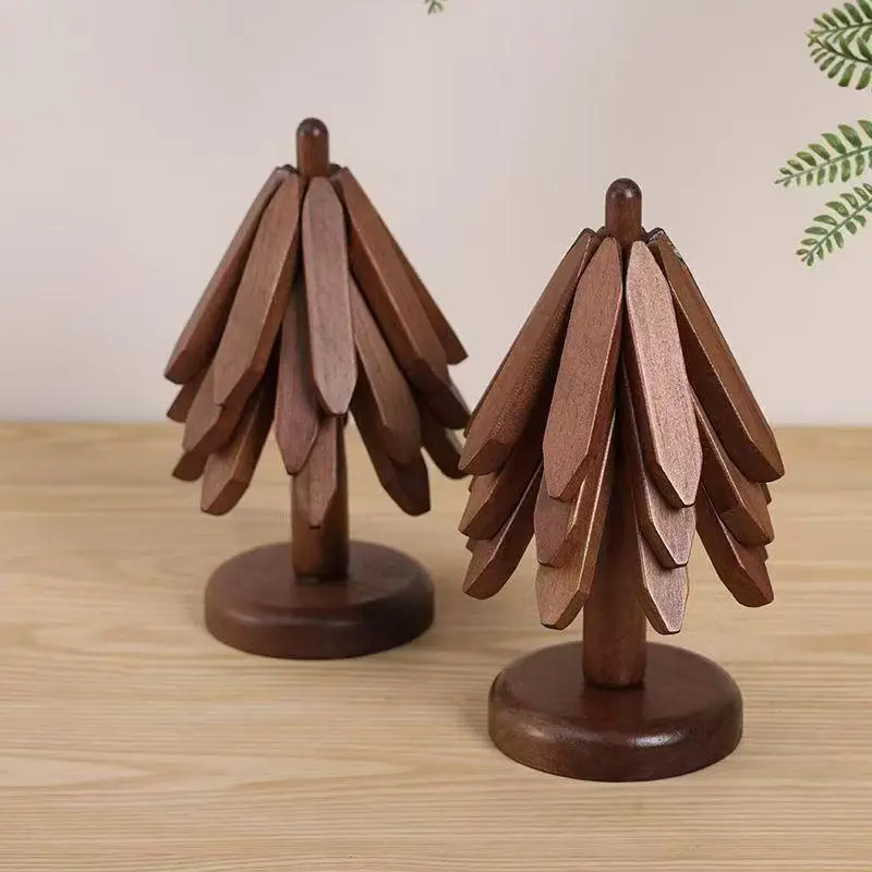 Wooden Trivets for Hot Dishes, Hot Dish Coaster with Tree-Shaped Wood Collapsible Hot Pad Trivet Tree for Restaurant, 4 Wooden Trivet + 1 Stand