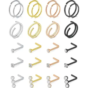 Nose Rings Hoops Nose Ring L Shaped Nose Rings Studs Silver Gold Nose Hoops Nose Piercings Jewelry 20g 22g Nose Screw Studs Surgical Stainless Steel Corkscrew Nose Rings for Women Men summerwins