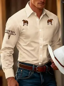 Men's Denim Style Long Sleeve Shirt, Horse Pattern Western Style Top, Casual Fitted Shirt for Spring & Fall, Men's Fashion Apparel