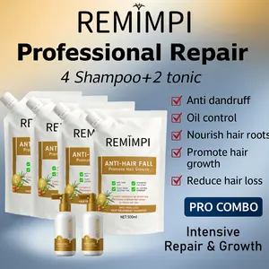 REMIMPI Intensive Repair Set – 4 Anti-Hair Fall Shampoos + 2 Hair Growth Tonics | Advanced Herbal Formula for Damaged Scalp & Thinning Hair | 300ml + 50ml