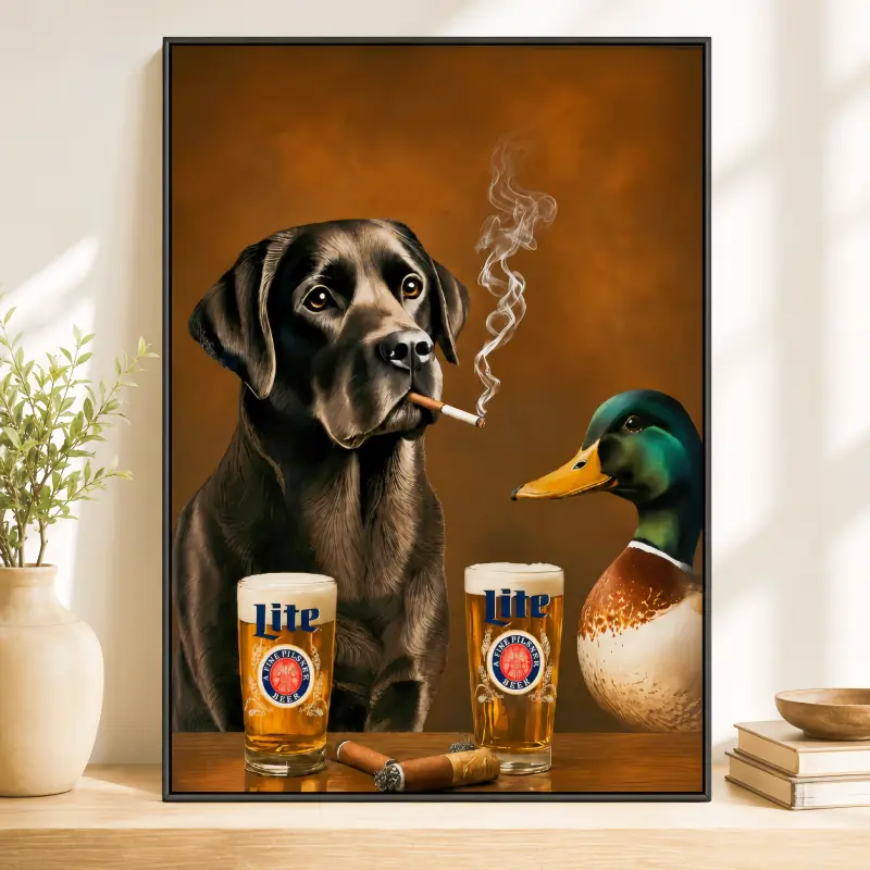 Vintage Animal Poster, Funny Dog With Cigarette And Drink, Retro Abstract Mallard Pet Art Print, Humorous Animal Design, Abstract Wall Decor, Chill Room Decor, Living Room Decor, Pet Lover Gift, Retro