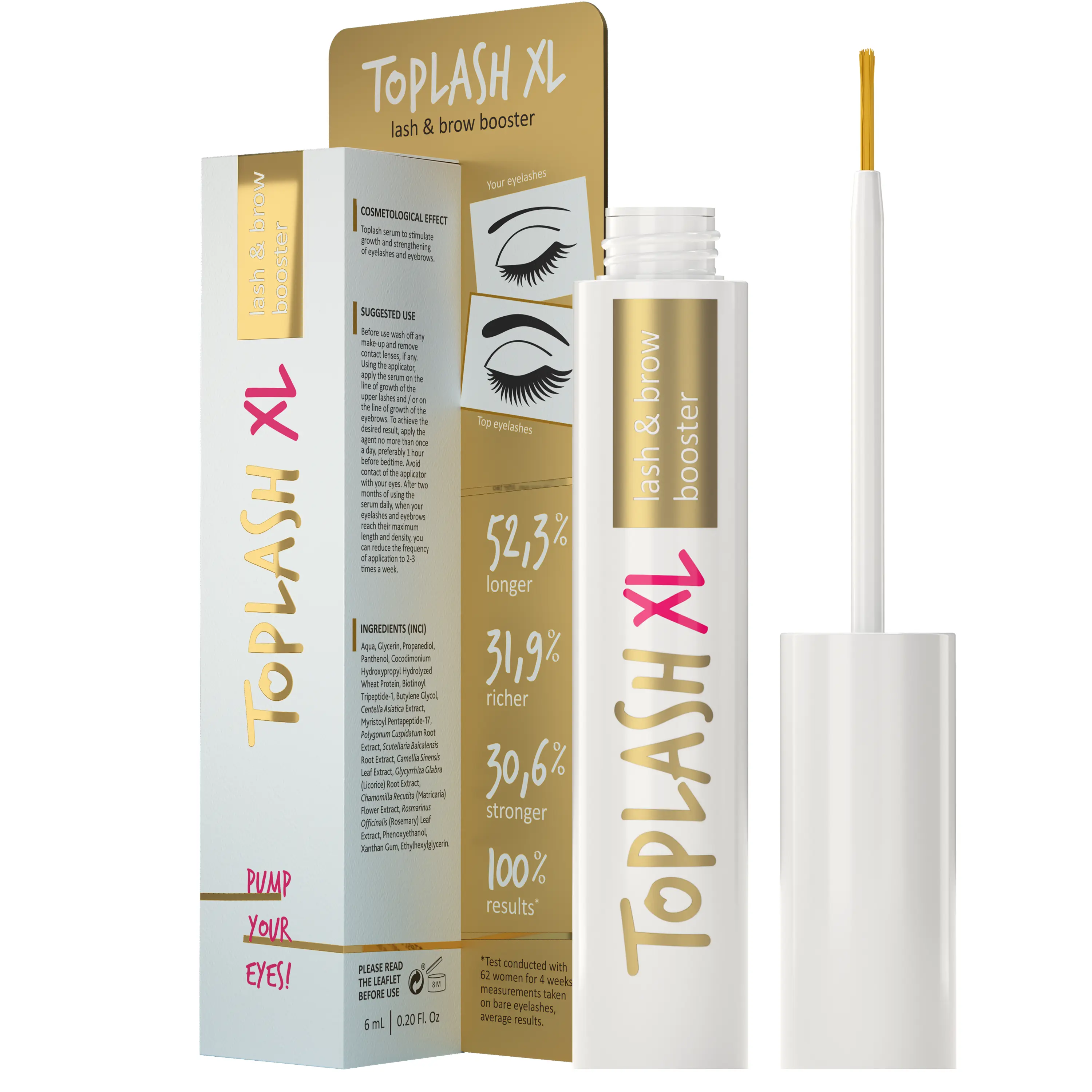Toplash Eyelash & Eyebrow Booster XL - 6ml Natural Peptide Liquid Serum, Lengthens Lashes, Supports Hair Growth, Conditions Dry Eyebrows, Peptides, Lash Serum, Single Item, Adults, Combination, Hypoallergenic, Healthier Thicker Lashes, Hair Growth Product