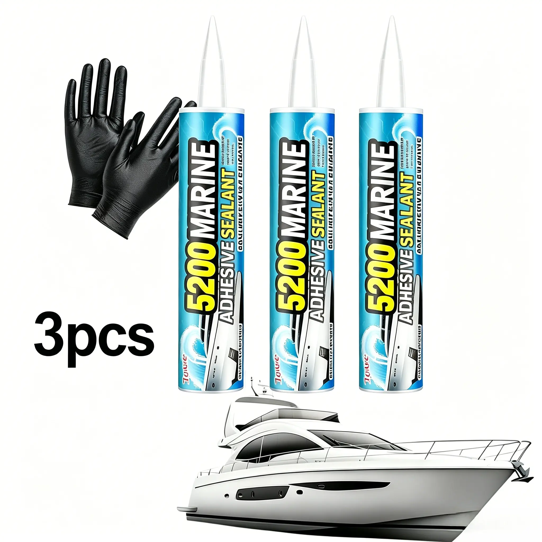 5200 Marine Grade Sealant 3-Pack for Boat Owners, 30-Min Fast Cure Waterproof UV Resistant Low Odor Strong Adhesive Caulk, Multi-Purpose for Hulls & Decks Fiberglass/Wood/Metal, Extra Nozzles & Gloves Included, 30-Min Cure