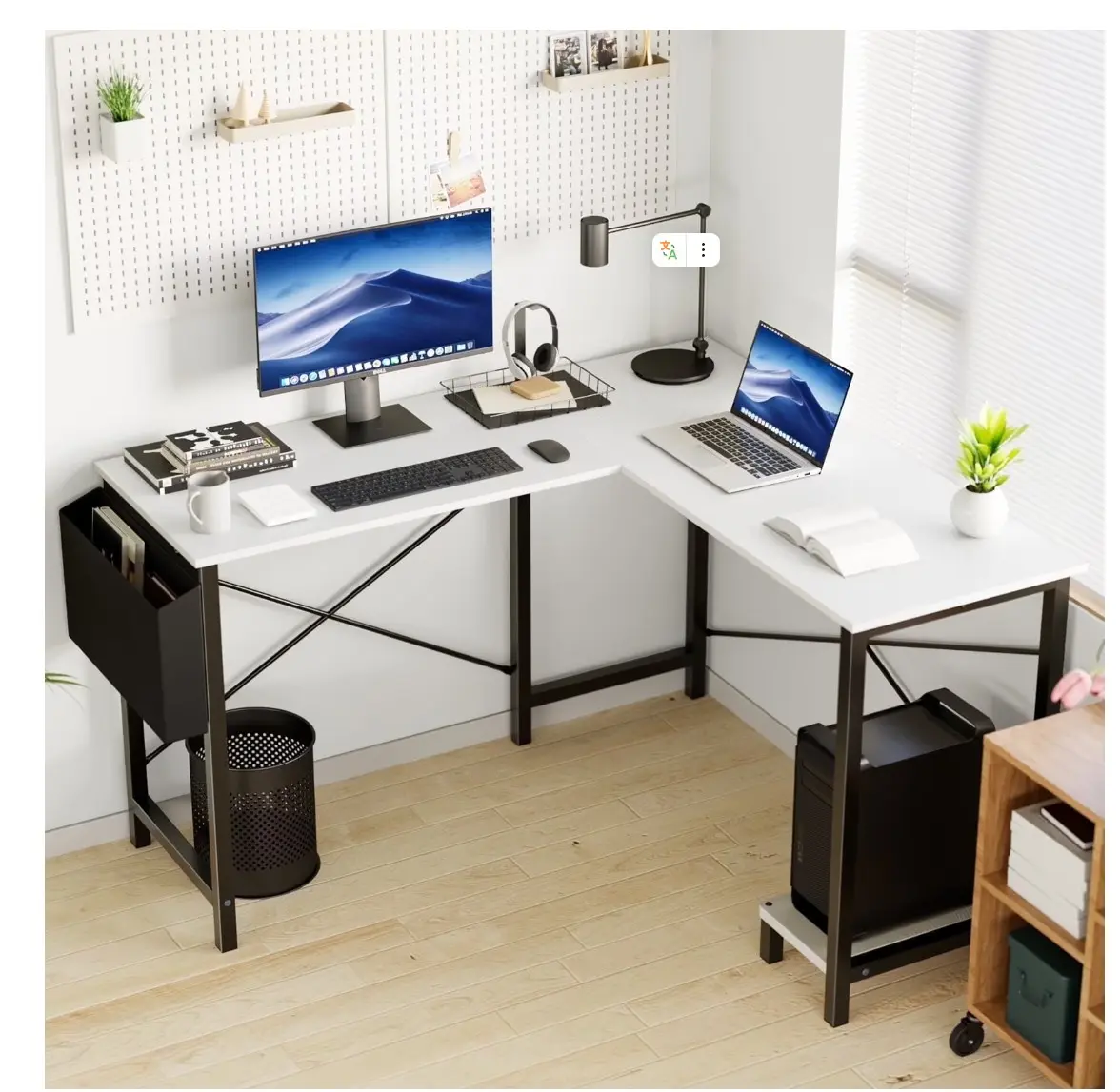 49in Reversible L Shaped Computer Desk with Storage, Coner Desk with Wooden Desktop, CPU Stand and Side Bag for Home Office and Gaming, White