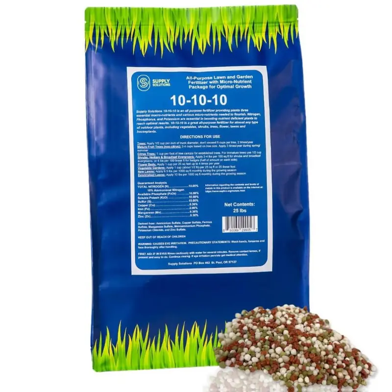 Supply Solutions 10-10-10 Complete Granular Fertilizer with Micronutrients Balanced NPK Formula for Soil Health Blooms Roots Safe for Vegetables Fruits Lawns 25 Pounds