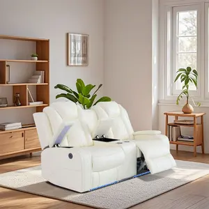 Premium Breathing Leather Electric Recliner Loveseat Chestnut Brown Faux Leather Quiet Smooth Reclining with Cup Holders Extra Storage LED Lights USB Charging Outlet