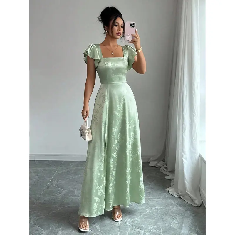 outstanding elegance sage green satin surplice maxi dress Long Sleeve Mother of the Bride Formal Dress main image 0