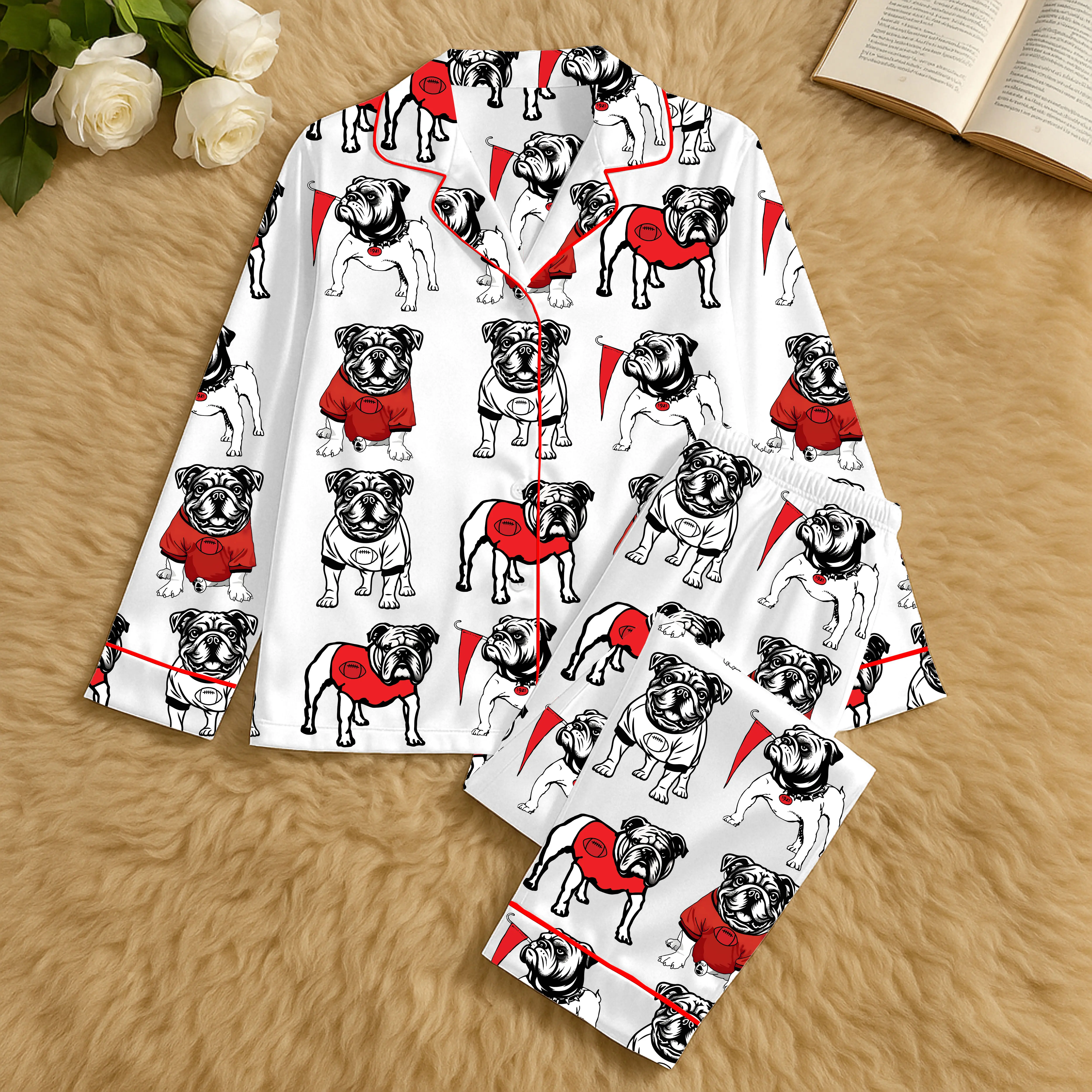 Women's Bulldogs Football Satin Pajama Set - Polyester Luxury Sleepwear with Adjustable, Glossy Finish for Everyday Style, Elastic
