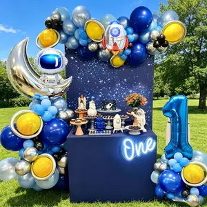 108 Piece Space Theme Birthday Balloon Arch Set, Includes Blue Numbers, Astronaut/rocket Balloons, Latex Balloons, Long Strips, Agate Balloons