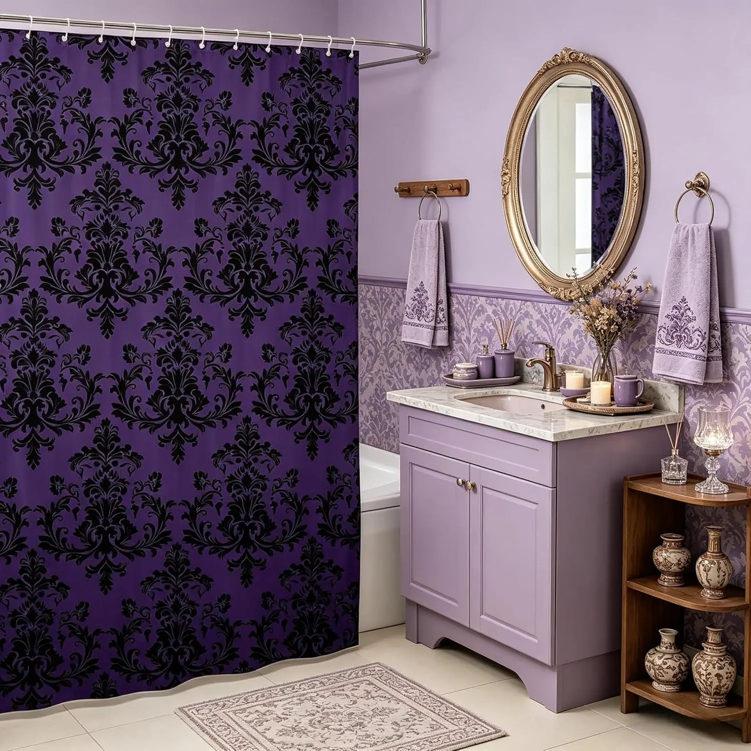 Purple Black Damask Bath Curtain,Antique Victorian Baroque Boho Style Shower Curtain,Vintage Gothic Lace Floral Print Waterproof Curtain with Hooks Stalls