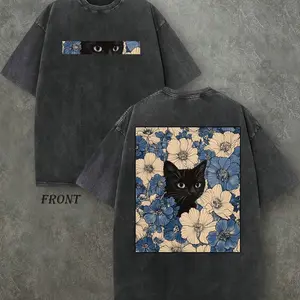 "Cat in the Flowers" Double-Sided Print T-Shirt | Retro Washed 230gsm Cotton, Men's Casual Comfortable Street Style Tee, Vintage Floral Feline Graphic Top