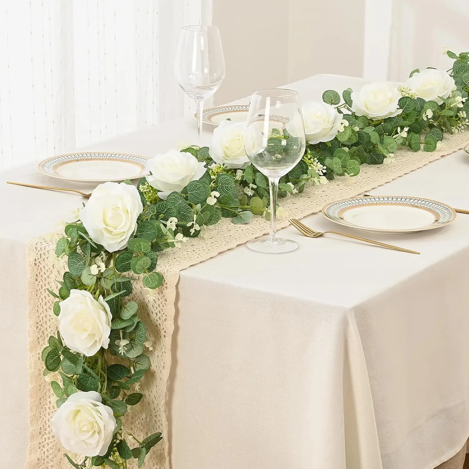 Neverwilt. x Dolicer 26FT 2 Pack 13FT White Eucalyptus & Rose Garland, Faux Floral Vines for Wedding, Sweetheart Table, Mantle, Bridal Arch, Boho Party & Thanksgiving Holiday Décor