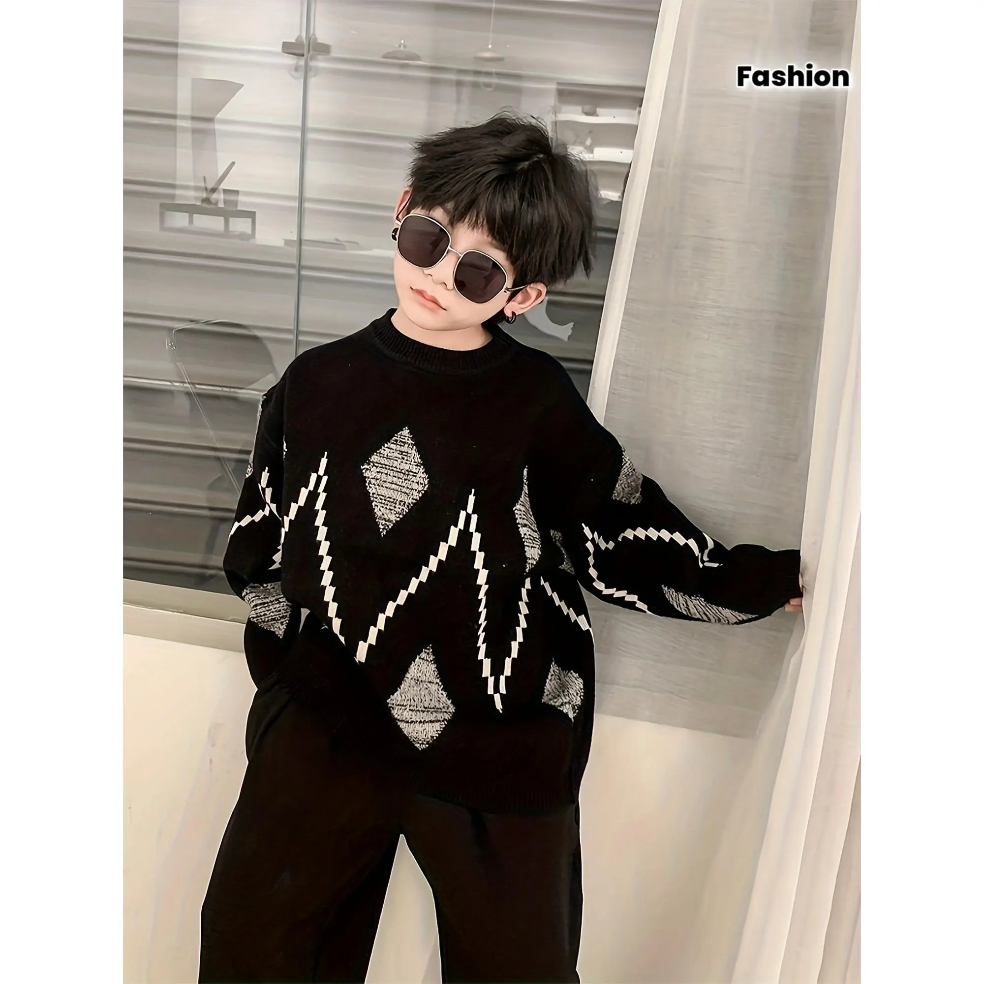 Boys' Fashion Nylon Blend Pullover Sweater, New Autumn/Winter Style for Ages 3-14, Kids' Round Neck Long Sleeve Checkered Knit Top Warm Top Suitable for Daily Wear, Outdoor Activities, School Outfits, Perfect Gift