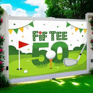1pc Golf Birthday Party Backdrop - FIFTEE 50th Birthday Decoration Banner with Golf Course Layout, Sand Traps & Flags - No Electricity Needed, Easy Hang Indoor/Outdoor Golf Theme Party Decorations for Anniversary