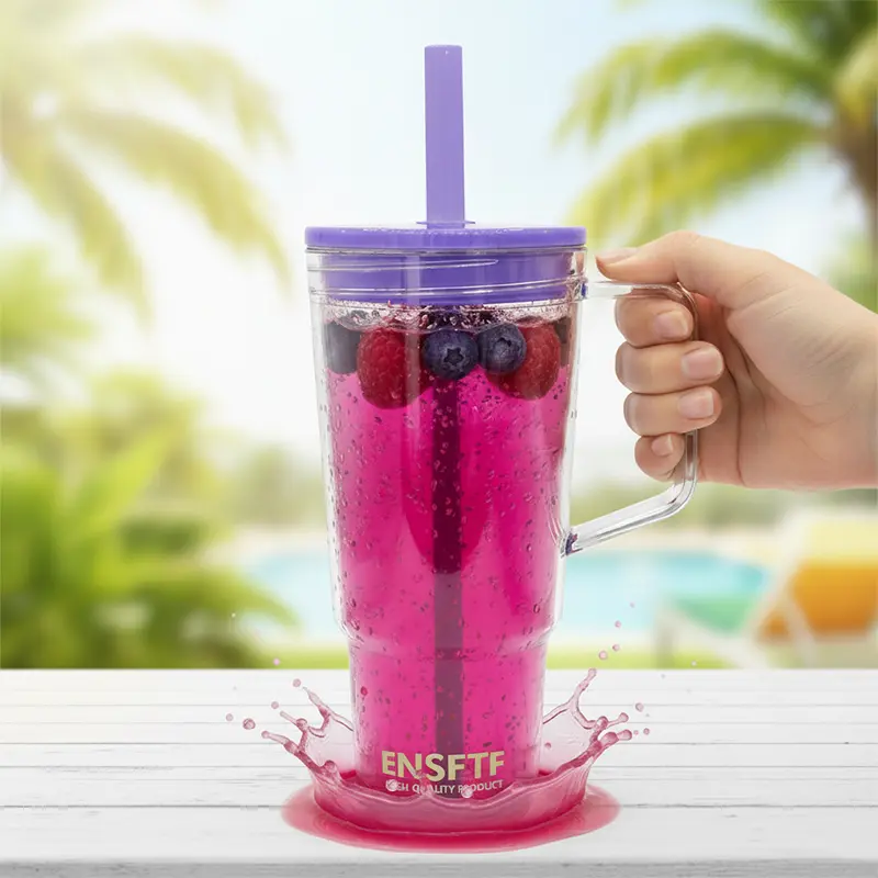 40oz Insulated Clear Tumbler with Handle and Lid & Straw, Reusable Travel Mug for Cold and Hot Drinks, Double-Wall Plastic Water Bottle | Crystal-Clear | Car Cup Holder Fit | Leakproof | BPA-Free Silicone
