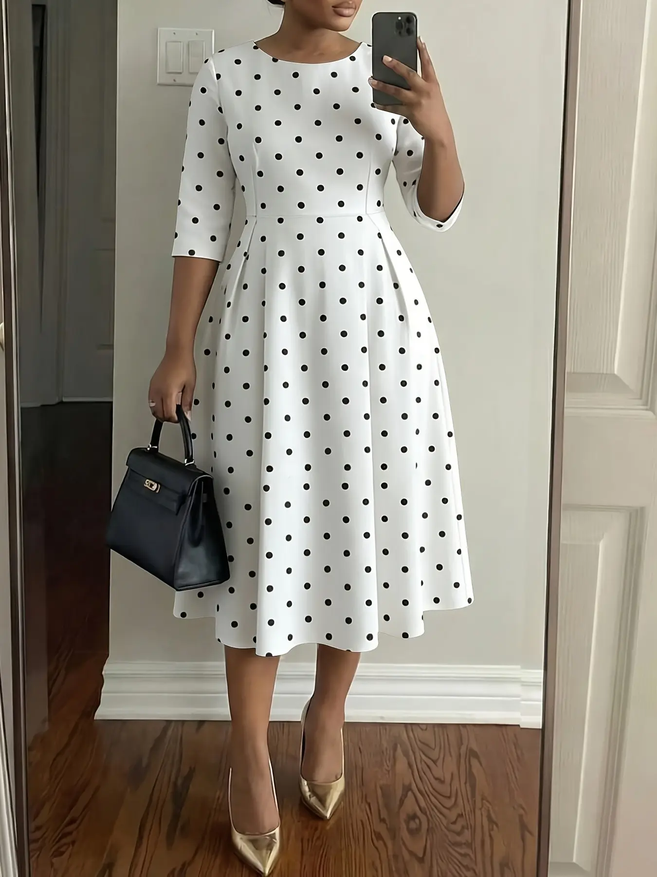 Women's Polka Dot Print Three-Quarter Sleeve A-Line Midi Dress, Elegant Office Wear, Casual Wear, Stylish Daily, Model 8376
