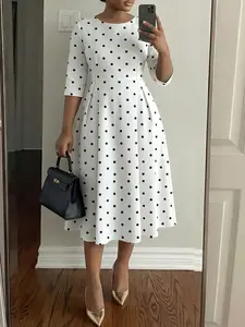 Women's Polka Dot Print Three-Quarter Sleeve A-Line Midi Dress, Elegant Office Wear, Stylish Daily, Model 8376