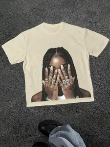 Bling Jewelry Graphic T Shirt - Streetwear Braids Portrait Print Beige Vintage Tee Casual Graphic Design | Trendy Casual Urban Outfit for Men & Women
