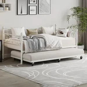 Twin Size Metal Daybed with Floral Headboard, Steel Frame, 350lb Heavy Duty Steel Slat Supports, Pull-Out Trundle Pull-Out Bed, Modern Design for Living Room, Guest Room