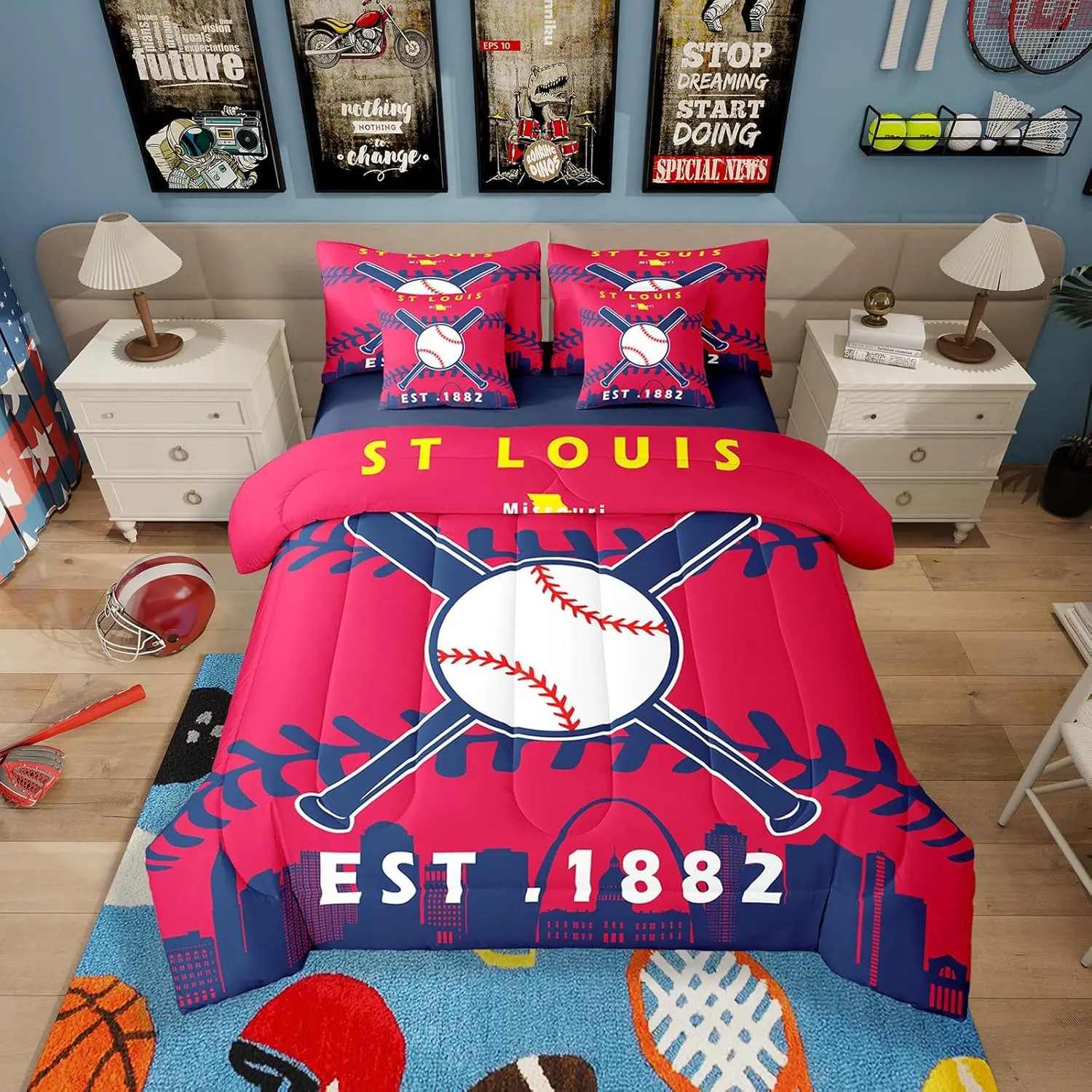 Feelyou 7-Piece St. Louis Baseball Bedding Set - Breathable Bed-in-a-Bag with Animals & Geometric Design, King Size Flat Sheet, Fitted Sheet, Pillowcases, Cushion Cases, Machine Washable, Bedding Sheets