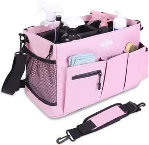 Pink large wearable cleaning bag with handle shoulder strap and waist belt for cleaning supplies