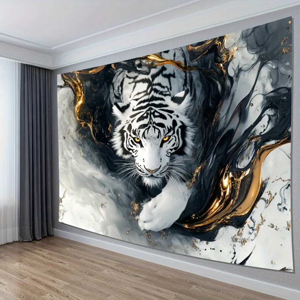 A Background Cloth Featuring a White Tiger And Golden Eyes Complementing Each Other, Suitable for Indoor Decoration And Home Decor, Adding a Lively Atmosphere to The Office