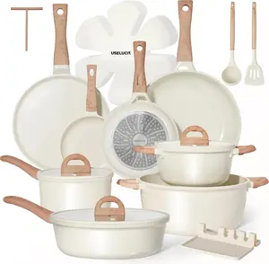 USELUCK 22-Piece Non-Stick Ceramic Pots and Pans Set, Non-Toxic PFOA/PFOS-Free Cream White Granite Cookware with Glass Lids, Induction Compatible Including Crepe Frying Pan
