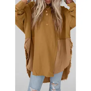 Crinkled Patchwork Raw Hem Oversized Blouse