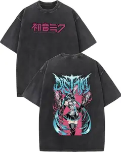 Hatsune Miku Distorted Metalcore Graphic T-Shirt, Vintage Washed Distressed Oversized Anime Tee, Retro Chainsaw Gothic Streetwear Top for Men Women, Vocaloid Hatsune Miku Fan Gift & Anime Lover Apparel Menswear Tshirt Tropical Round Neck Crewneck Casual