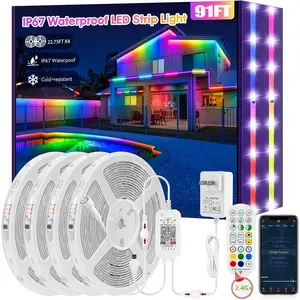 RGB+IC LED Strip Lights Outdoor, 91FT  IP67  LED Light Strip with App Control and RF Remote,  Sync, Outside Rope Lights for Patio, Eaves, Party Decor