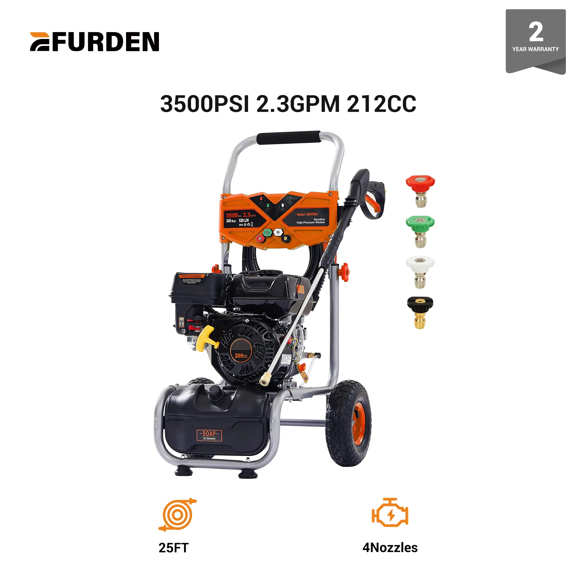 Efurden Gas Powered Pressure Washer 3500 PSI, 2.3 GPM Heavy Duty High Power Washer,212CC 7HP Engine with 25Ft Pressure Hose, Axial Aluminum Pump, Soap Tank, 4 Quick Connect Nozzle