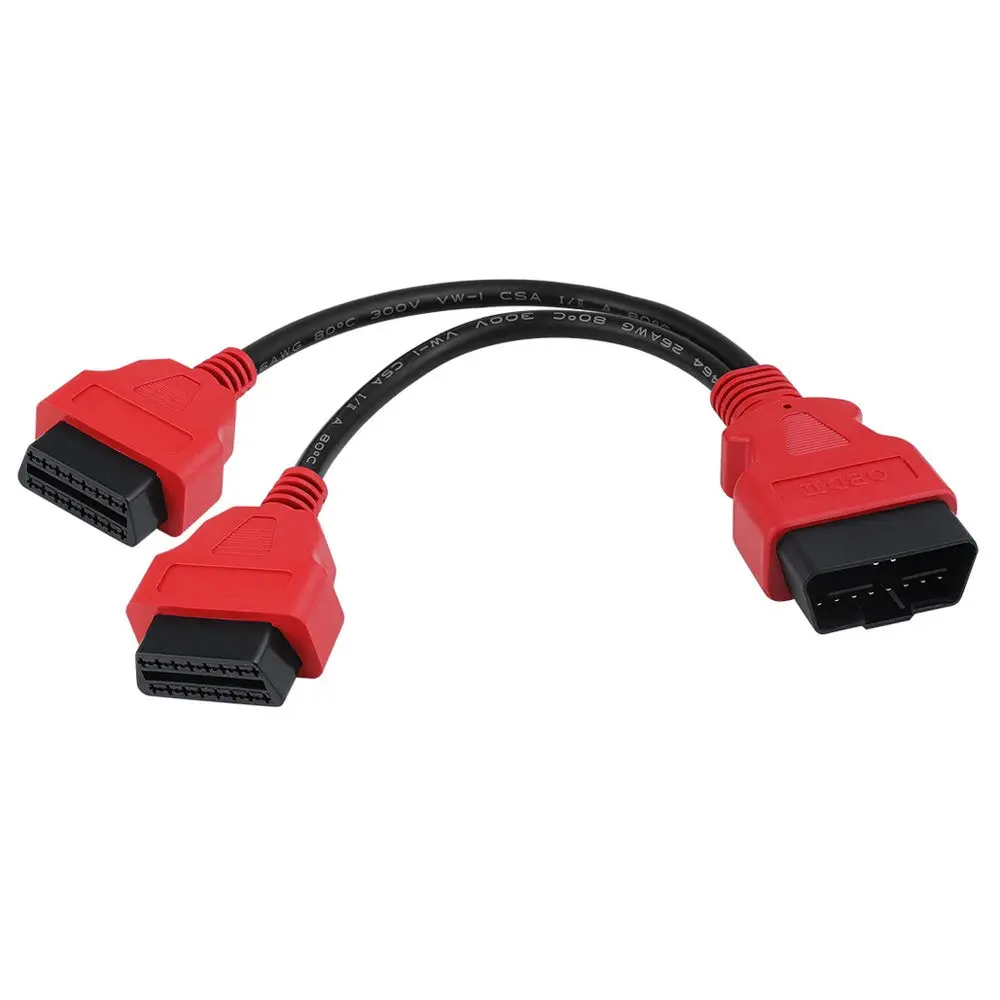 iKKEGOL 30cm/12in Ultra Low Profile OBDII Extension Splitter Cable for Car, 1 Male to 2 Dual Female J1962 Ports Connector Adapter (Red)
