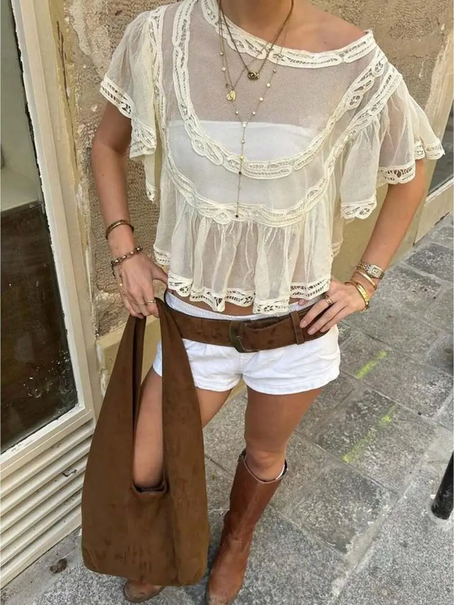 Bohemian Women's Folded Lace Blouse, Sheer Loose Short Sleeve Top, Casual Summer Outfit for Daily, Vacation, Party & Cowboy Concert