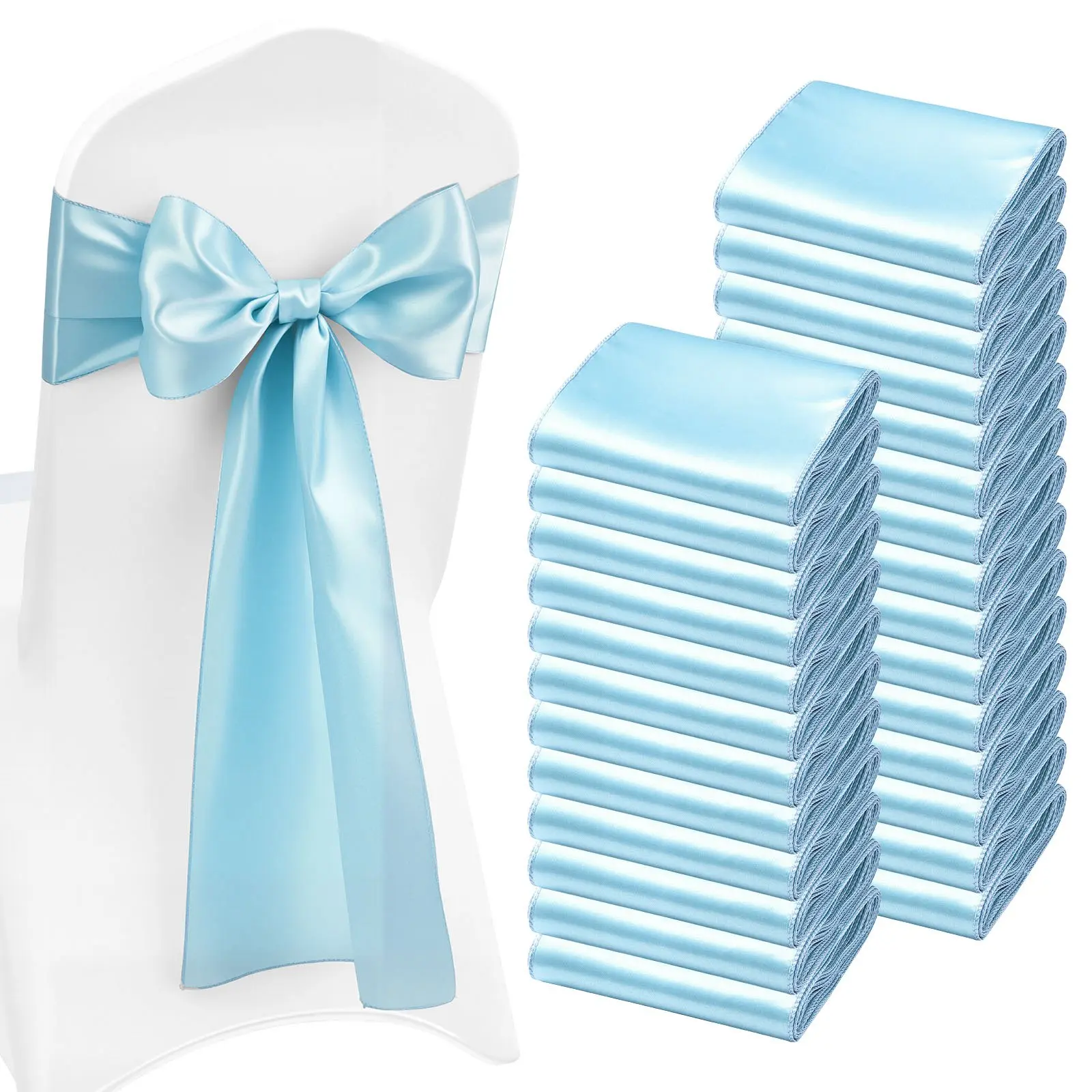 VEVOR Satin Chair Sashes Bows, 100PCS Chair Ribbon Ties Back Sash, 7 x 108 inch, Light Blue Wedding Reception Decoration, for Wedding Ceremony Baby Shower Party Events Banquet Chair Cover Decoration