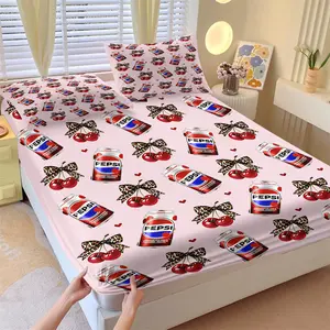 Vintage Soda Can Leopard Bow Fitted Sheet Set & 2 Pillowcases No Core, Pink Base Color, Classic Soda Can & Bow Cherry Heart Decoration, Soft Non-Slip Anti-Wrinkle, Sweet Cool Bedroom Decor Gift