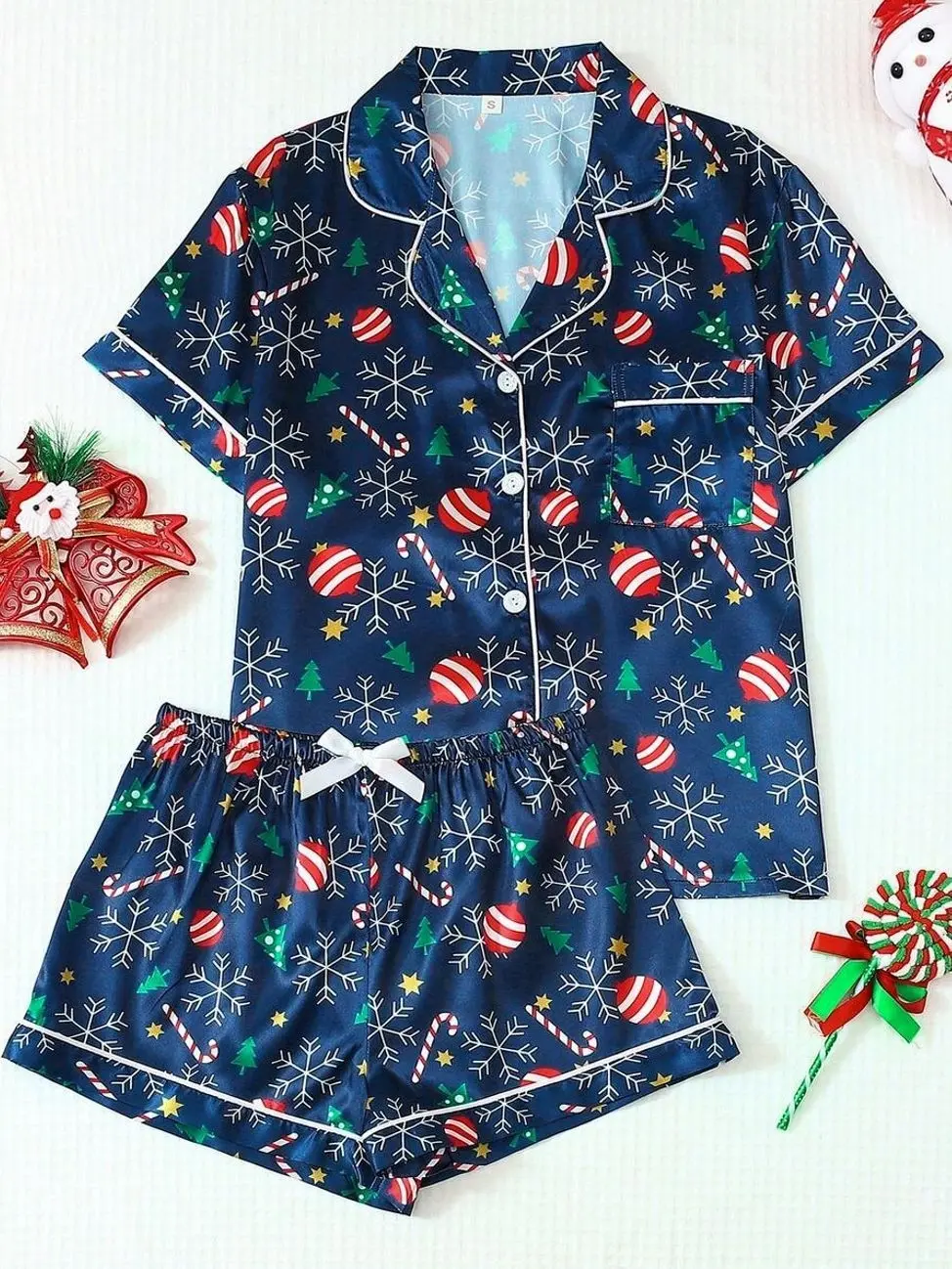 Women's Christmas Pajama Set, Cute Holiday Button Up Short Sleeve Top & Shorts, Snowflake Print Sleepwear, Soft Lounge Set, Cozy Xmas PJs, Winter Holiday Gift