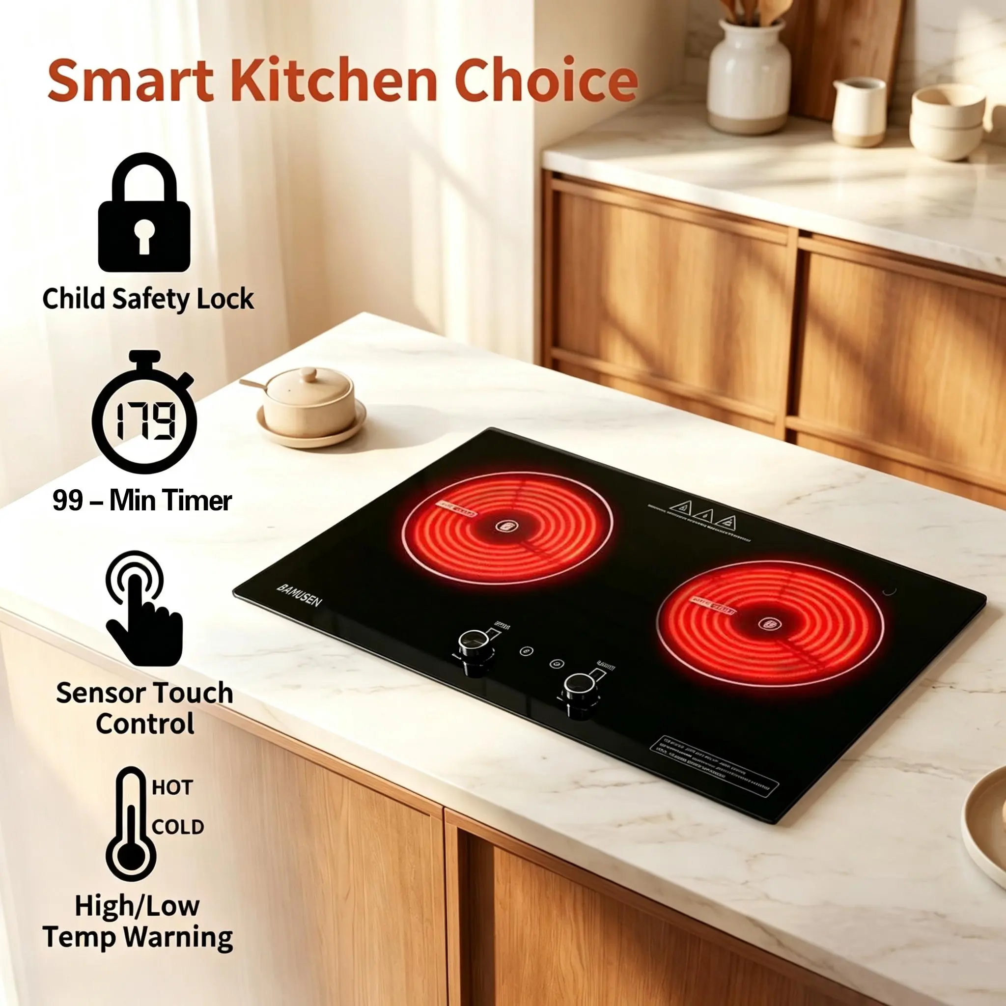 BAMUSEN 2-Burner Multifunction Portable Induction Stove - Sensor Touch Control Electric Cooktop with 9 Adjustable Power Levels (200w, 1000w, 1400-1599w), Child Safety Lock, Timer, Over-Temperature Protection for Kitchen Use