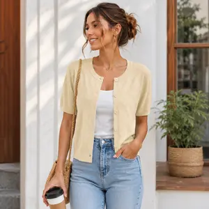 VIISHOW Women's Summer Lightweight Short Sleeve Cardigan Crochet Knit Shrug Open Front Crew Neck Button Up Casual Tops