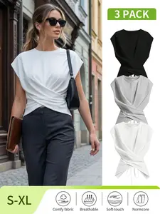 Women's Knitted Round Neck Drop Shoulder Sleeve T-Shirt, Knitwear, Fashion Casual Basic Asymmetrical Ruched Cross Cutout Back Tie Top,Spring&Summer break outfit idea,tiktokmademebuyit, Tshirt