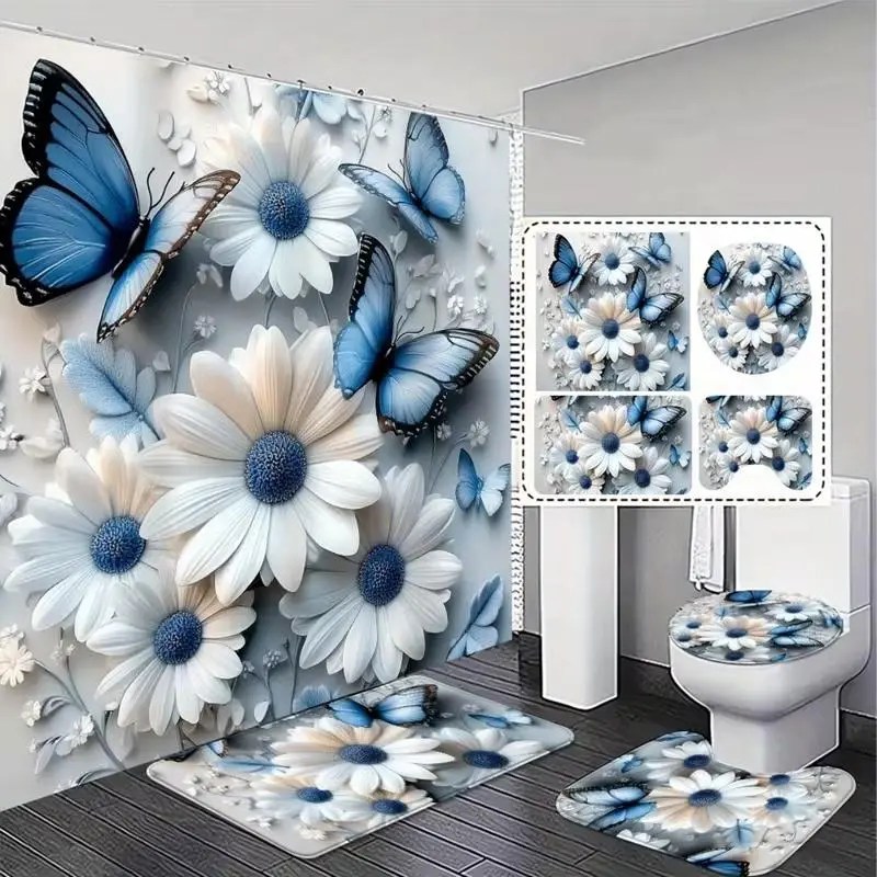 1/4pcs blue butterfly and floral pattern shower curtain set, Shower Essentials, includes non-slip mat, U-shaped rug, toilet seat cover, Bathroom Decor, comes with 12 shower curtain hooks