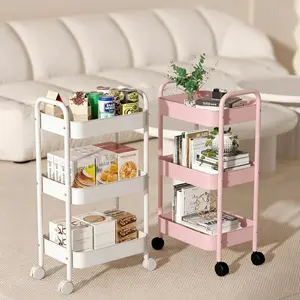 3 Tier Multi-Functional Rolling Craft Cart Metal Utility Storage Cart on Wheels Space-Saving Organizer for Nursery Kitchen Living Room Bathroom Classroom Office Dorm Home Storage White & Pink