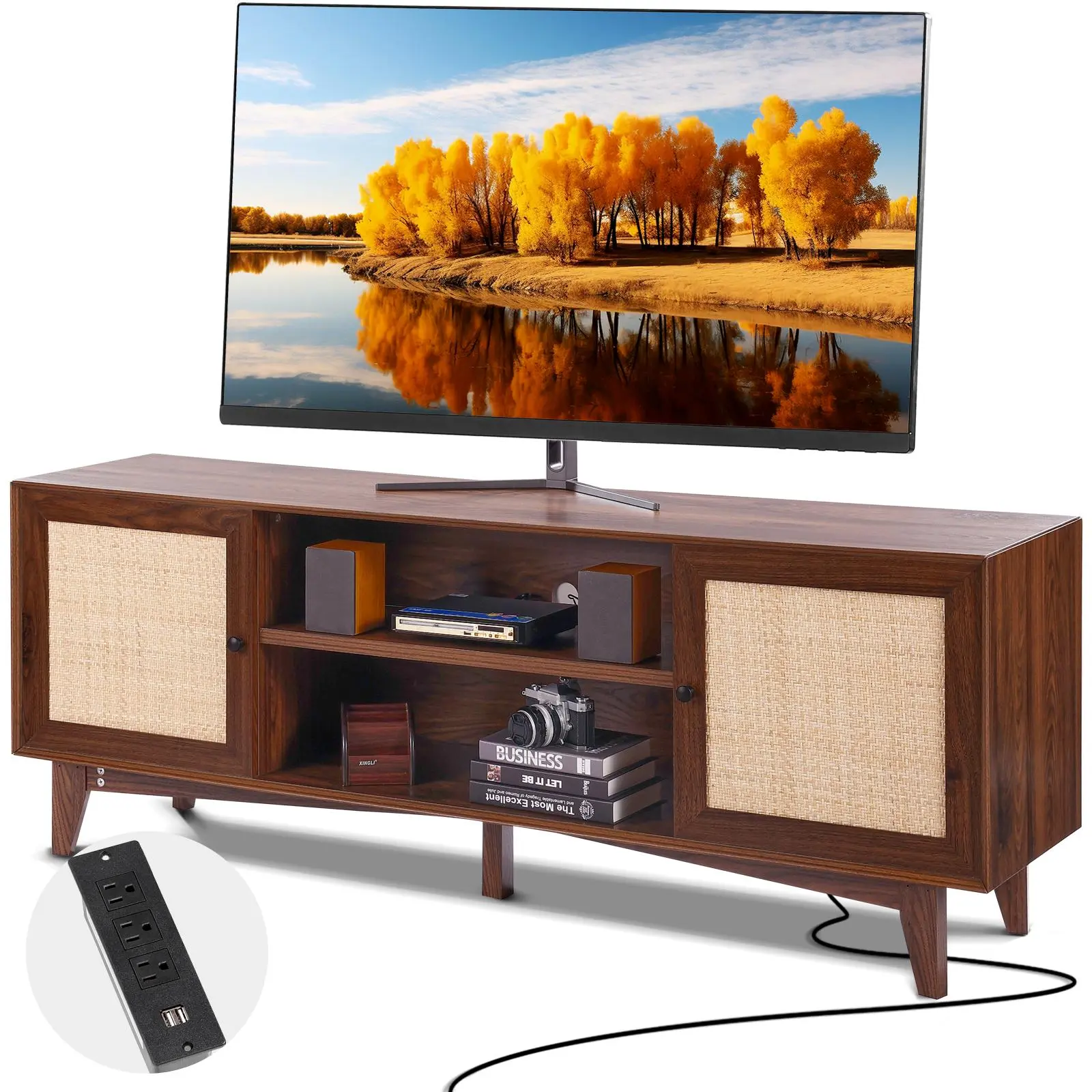 【Summerfinds】VEVOR Rattan TV Stand for 75in TV Boho TV Stand with Rattan DoorEntertainment Center with Build-in SocketStorage Cabinet with 2 ShelvesModern TV Console for Living RoomMedia RoomWalnut