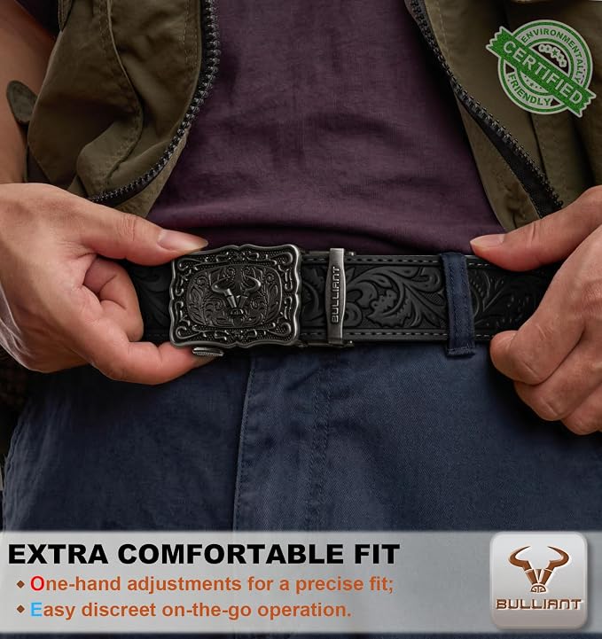 BULLIANT Cowboy Belt for Men, Ratchet Western Belt with Adjustable Western Buckle for Jeans and Casual Wear, Trim to Fit, Gift for Men