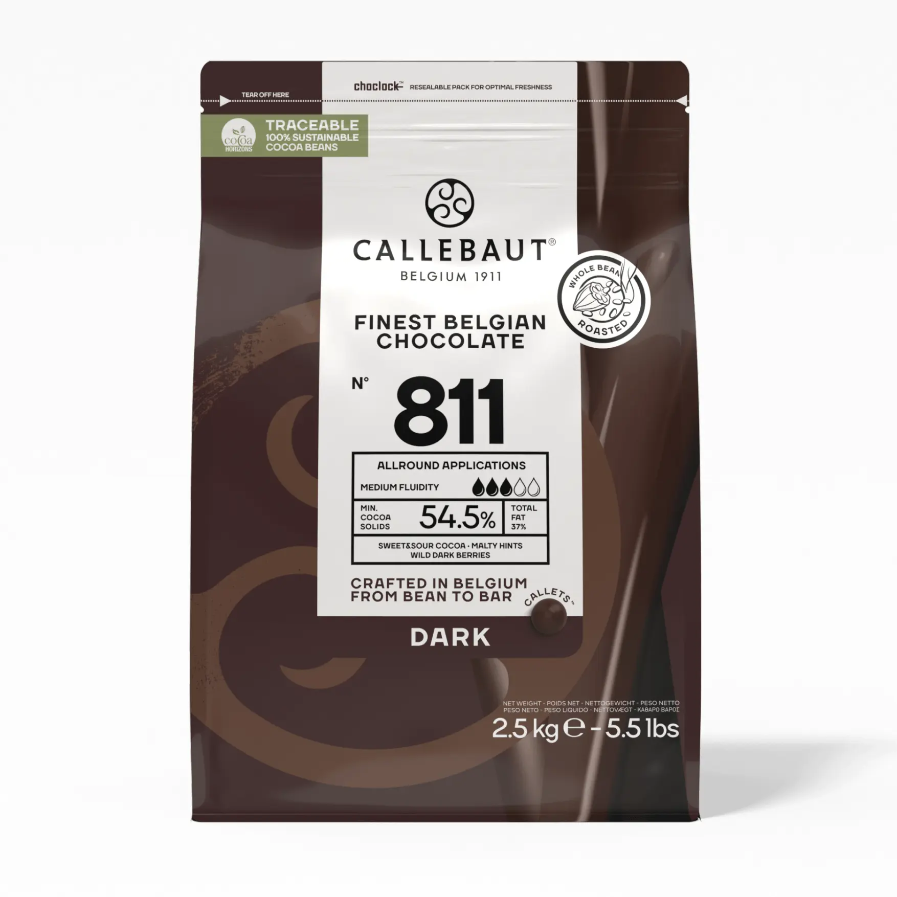Callebaut No 811 Belgian Dark Chocolate Callets Couverture Snack - 54.5% Cocoa, 5.5 lb/2.5kg, Premium for Desserts, Confectionery