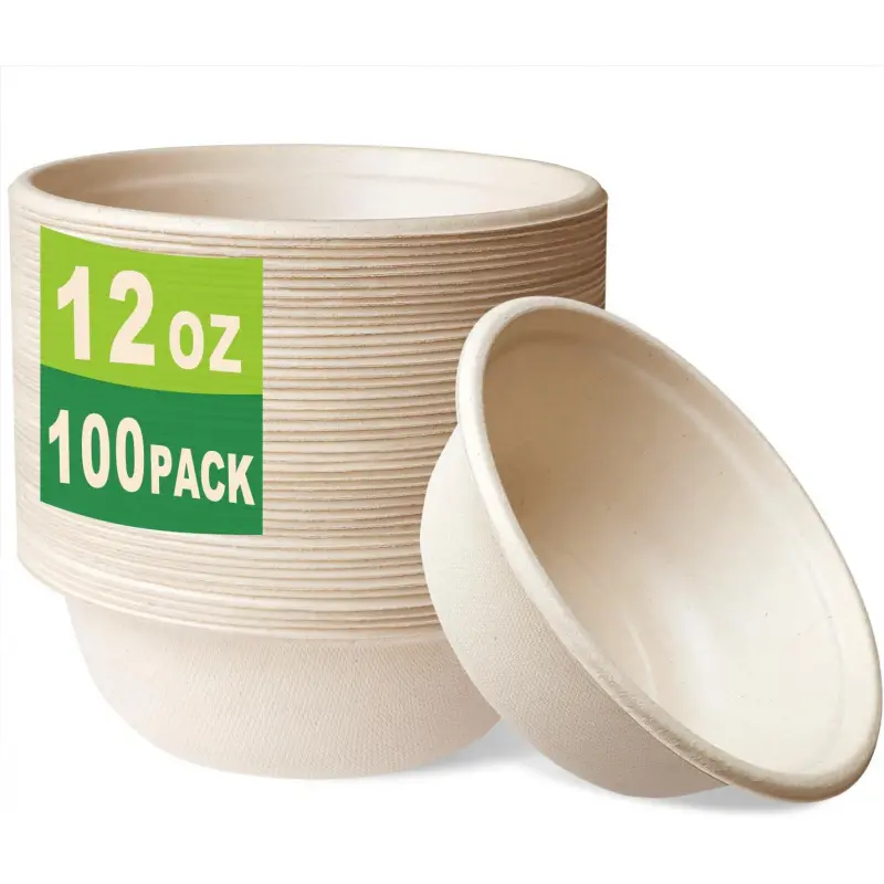 100 Count 12 OZ Compostable Bowls, Small Unbleached Biodegradable Bagasse and Bamboo fiber Paper Bowls