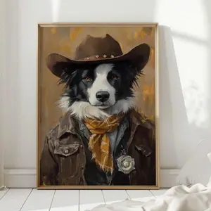 Sheriff  Border Collie Dog in Western Hat & Badge Wall Art, Dogs Cowboy Poster, Trendy Animal Rustic Print, Gift for Pet Lovers, Farmhouse Homes unframed canvas Christmas Portrait custom