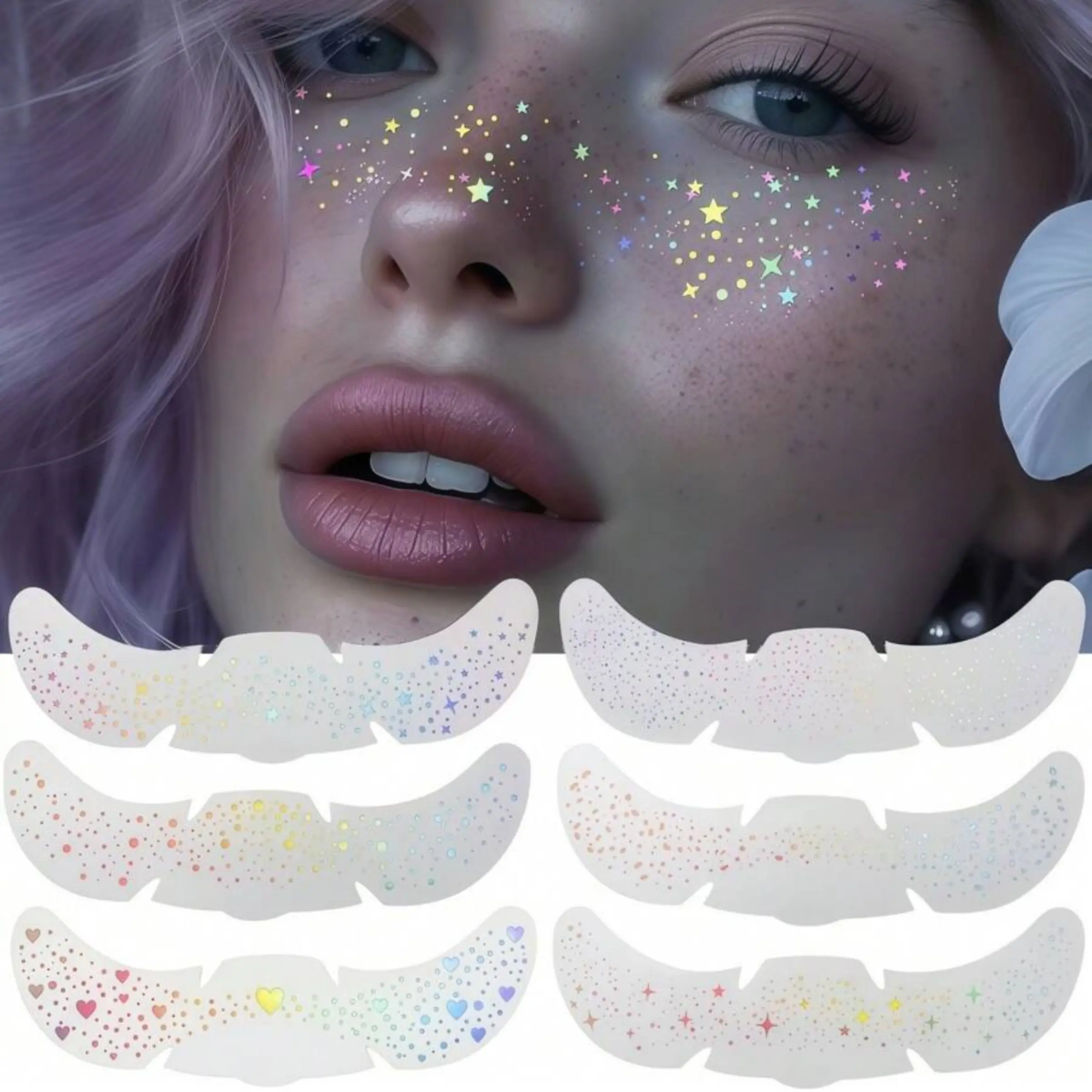6 Sheets Glitter Freckles Holographic Stickers, Heart Freckle Tattoos, Glitter Stickers, Waterproof Temporary Fake Tattoos with Glittery Star Heart Dot Pattern, Freckle Spot Tattoo for Adults, Accessories for Party Festival Daily Makeup